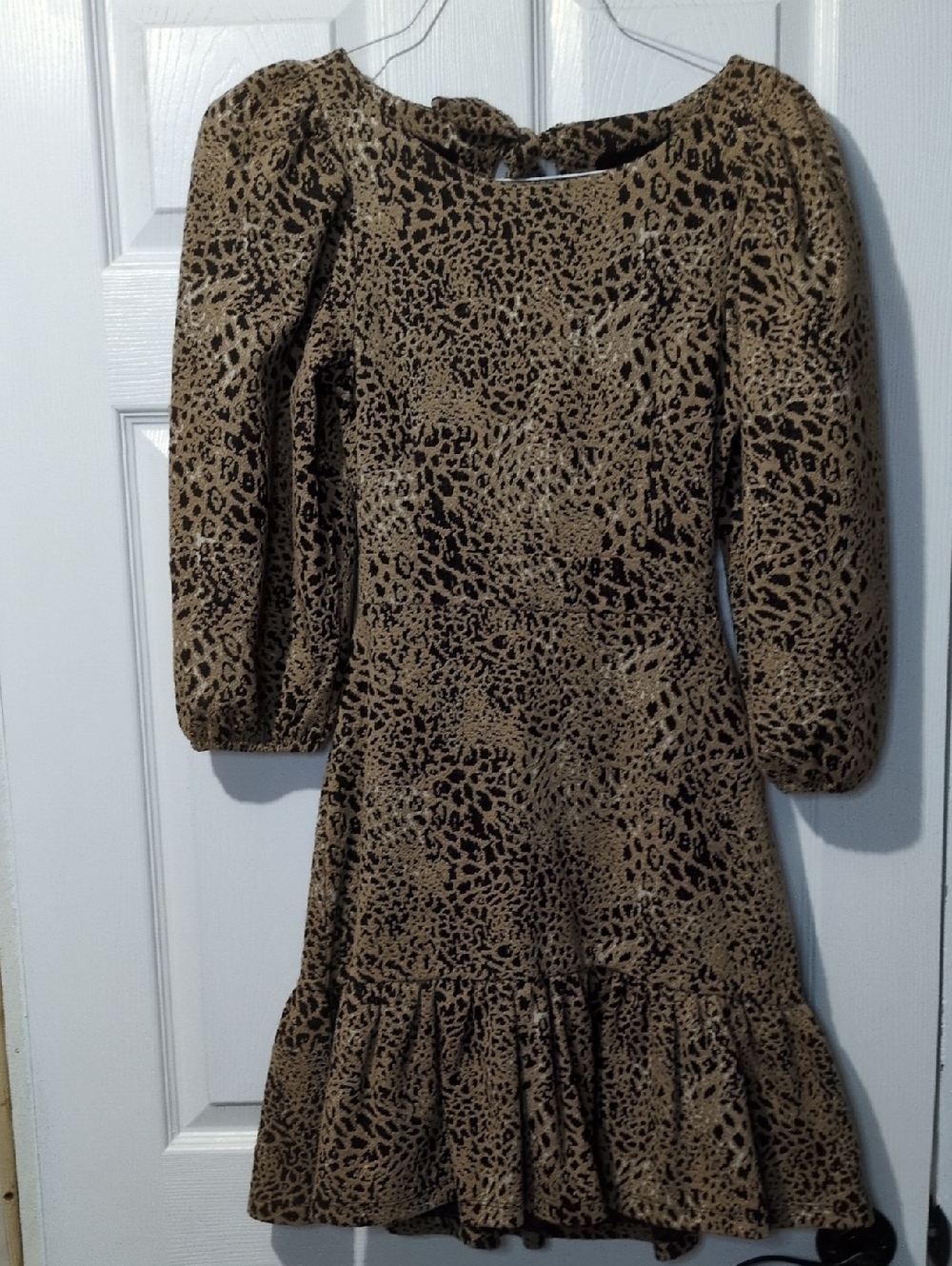 Anthropologie Leopard Cutout Back Ruffle Mini Dress Sz 2 Puff Y2K Funky Animal